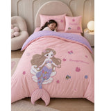 4 pcs Beautiful Mermaid Princess Theme Luxe Embroidered & 3D hanging collection of Single bed comforter, 1 flat bedsheet, 2 pillow covers entire Bedding Set for Single Size Bed.