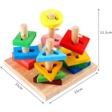Colorful wooden shape sorting toy with dimensions on a white background