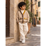 Beige V-Neck Puppy Pocket V Neck Winter Cardigan Sweater for Kids