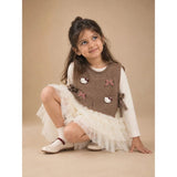 Brown Kitty Knitted Vest & White-Ivory Ruffle Frock Winterwear 2 Pcs Set for Girls