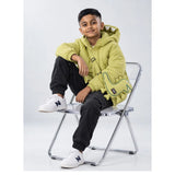 Olive Green Dino-Themed Quilted Hooded Winter Jacket for Kids