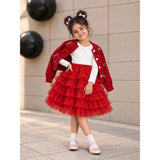 Red Pearl & Silver Bow Cardigan & White-Red Ruffle Frock, Winterwear 2 Pcs Set for Girls