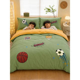 4 pcs Olive Sports Goal theme, Luxe Embroidered collection of Double Bed Comforter, flat bedsheet, 2 pillow covers Bedding Set for King Size Bed.