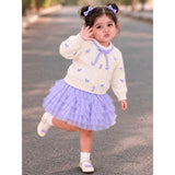 Ivory Horse Sweater & Purple Ruffle Skirt with Detachable Bow Clip, Winterwear 2 Pcs Set for Girls
