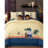 4 pcs Skateboard Croc Tropical theme, Luxe Embroidered collection of Double Bed Comforter, flat bedsheet, 2 pillow covers Bedding Set for King Size Bed.