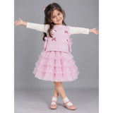 Pink Kitty Knitted Vest & White-Pink Ruffle Frock Winterwear 2 Pcs Set for Girls
