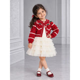 Red Strawberry Cardigan & White-Ivory Ruffle Frock, Winterwear 2 Pcs Set for Girls