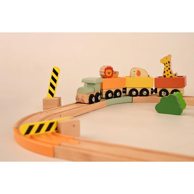 Playbox Wooden Wild Track Train Playset Vehicle with Magnetic Train Engine - Wooden Toy Playset for Toddler & Kids Baby Toys
