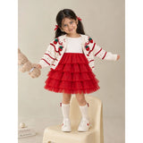 White Strawberry Cardigan & White-Red Ruffle Frock, Winterwear 2 Pcs Set for Girls
