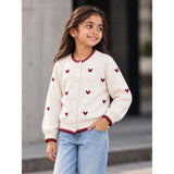 Cream & Maroon Mini Hearts Knitted Winter Cardigan, Christmas Sweater for Kids