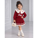 Maroon Ruffle-Collar Sweater & Pleated Skirt with Bow Pom-Pom Clip, Winterwear 2 Pcs Set for Girls