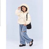 Pastel Yellow Butterfly Heart Quilted Hooded Winter Jacket for Kids
