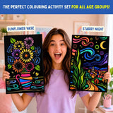 PepPlay Velvet Colouring Canvas Set of 2 | Van Gogh Sunflowers & Starry Night | DIY Velvet Art Kit with 10 Sketch Pens | Framable Canvas | Mindfulness & Stress Relief | Ages 8+