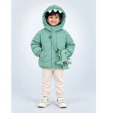 Mint Green Dino-Themed Quilted Hooded Winter Jacket for Kids