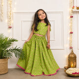 Girls Lehenga Set- Green Bandhani