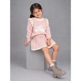 Peach Bunny Sweater & Pleated Skirt, Winterwear 2 Pcs Set for Girls