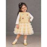 Light Green Kitty Knitted Vest & White-Yellow Ruffle Frock Winterwear 2 Pcs Set for Girls
