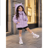 Purple Cat Glitter Quilted Hooded Winter Jacket with Muffler for Kids