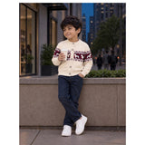 Cream, Maroon & Navy Pattern Knitted Winter Cardigan, Christmas Sweater for Kids