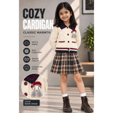 Dusty Beige Cable-Knit Sailor Collar Winter Cardigan Sweater with Detachable Doll Clip for Girls