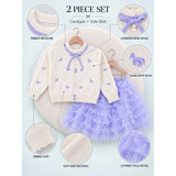 Ivory Horse Sweater & Purple Ruffle Skirt with Detachable Bow Clip, Winterwear 2 Pcs Set for Girls