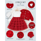 Red Pearl & Silver Bow Cardigan & White-Red Ruffle Frock, Winterwear 2 Pcs Set for Girls