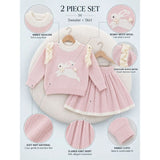 Peach Bunny Sweater & Pleated Skirt, Winterwear 2 Pcs Set for Girls