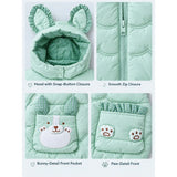Green Bunny-Themed Quilted Hooded Sleeveless Winter Jacket for Kids