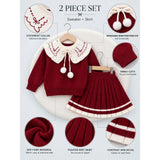Maroon Ruffle-Collar Sweater & Pleated Skirt with Bow Pom-Pom Clip, Winterwear 2 Pcs Set for Girls