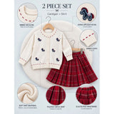 Ivory Horse Cardigan & Maroon Checked Skirt, Winterwear, 2 Pcs Set for Girls
