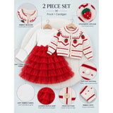 White Strawberry Cardigan & White-Red Ruffle Frock, Winterwear 2 Pcs Set for Girls