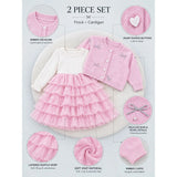 Pink Pearl & Silver Bow Cardigan & White-Pink Ruffle Frock, Winterwear 2 Pcs Set for Girls