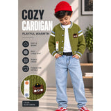 Olive Green Bear Cap Winter Cardigan Sweater for Kids