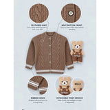 Brown Cable-Knit Winter Cardigan Sweater with Detachable Teddy Clip for Kids