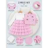 Pink Kitty Knitted Vest & White-Pink Ruffle Frock Winterwear 2 Pcs Set for Girls