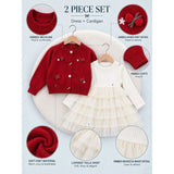 Red 3D Bow Cardigan & White-Ivory Ruffle Frock, Winterwear 2 Pcs Set for Girls