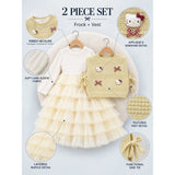 Light Green Kitty Knitted Vest & White-Yellow Ruffle Frock Winterwear 2 Pcs Set for Girls