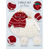 Red Strawberry Cardigan & White-Ivory Ruffle Frock, Winterwear 2 Pcs Set for Girls