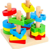 Colorful wooden shape sorting toy on a white background