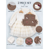 Brown Kitty Knitted Vest & White-Ivory Ruffle Frock Winterwear 2 Pcs Set for Girls