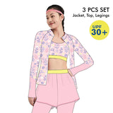 3pcs Pink Flower Power Matching Top,leggings & Jacket style Swimwear set for Pre Teens & Teens.
