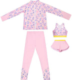 3pcs Pink Flower Power Matching Top,leggings & Jacket style Swimwear set for Pre Teens & Teens.