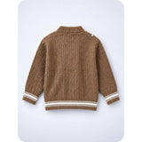 Brown Cable-Knit Winter Cardigan Sweater with Detachable Teddy Clip for Kids