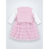 Pink Kitty Knitted Vest & White-Pink Ruffle Frock Winterwear 2 Pcs Set for Girls