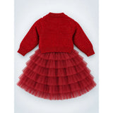 Red Pearl & Silver Bow Cardigan & White-Red Ruffle Frock, Winterwear 2 Pcs Set for Girls