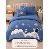 4 pcs Space theme, Luxe Embroidered collection of Single bed comforter, 1 flat bedsheet, 2 pillow covers entire Bedding Set for Single Size Bed.
