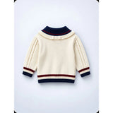 Dusty Beige Cable-Knit Sailor Collar Winter Cardigan Sweater with Detachable Doll Clip for Girls