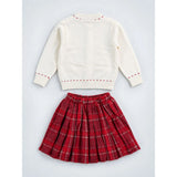 Ivory Horse Cardigan & Maroon Checked Skirt, Winterwear, 2 Pcs Set for Girls
