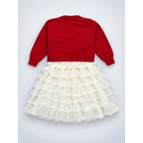 Red 3D Bow Cardigan & White-Ivory Ruffle Frock, Winterwear 2 Pcs Set for Girls