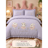 4 pcs Tutu Skirt Dance Rabbit theme, Luxe Embroidered collection of Double Bed Comforter, flat bedsheet, 2 pillow covers entire Bedding Set for King Size Bed.